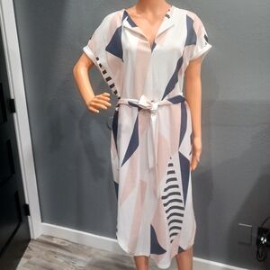 Ecowish Abstract Geometric V-Neck Midi Dress in Blush Pink & Navy